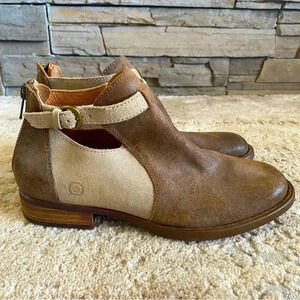 Born Two Tone Brown Leather Suede Ankle Booties Cut Out  Buckle Strap: 6.5M